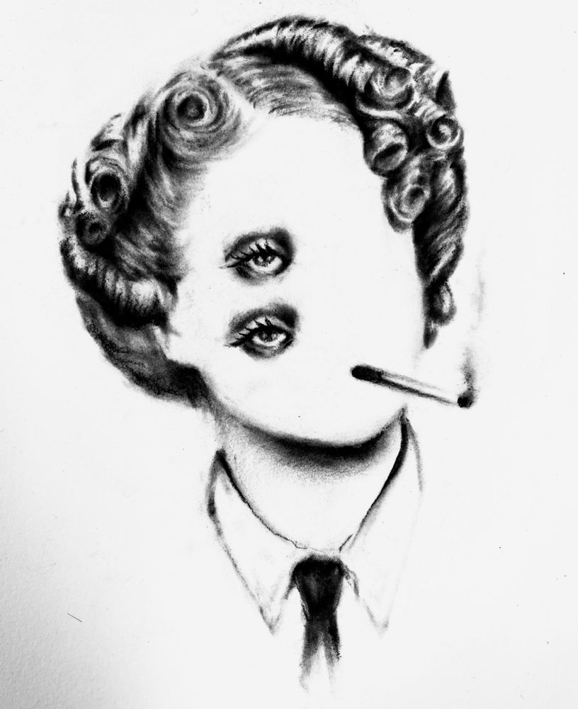 Charcoa drawing tattoo flash of a mostly faceless person with a 1930s style up do and two eyes on one side of their face smoking a cigarette and wearing a tie 