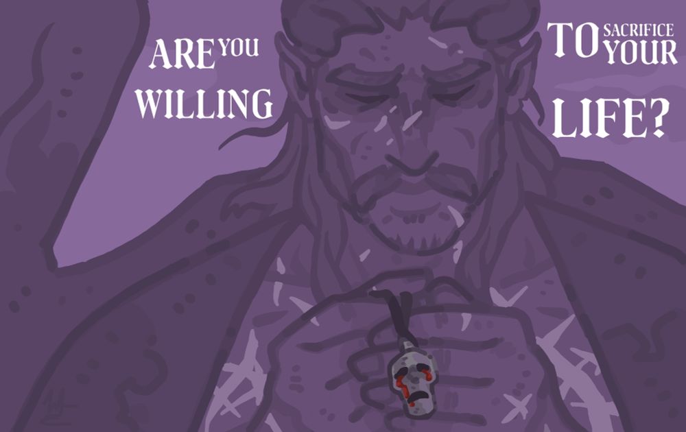 Desenho digital monocromático roxo. Busto.

Um homem forte coberto de cicatrizes pelo rosto, peito e mãos segura seu simbolo sagrado frente de seu peito em uma prece, com seus olhos fechados em uma expressão preocupada.

O homem possue um par de asas n muito visiveis no desenho. Em seu rosto, além das cicatrizes tem uma barba curta, e cabelos longos caem em seus ombros. Ele possue chifres q contornam sua cabeça para trás. Ele veste um manto simples e aberto. Seu simbolo sagrado mostra um rosto prateado com uma expressão de dor e lágrimas de sangue.

Escrito na parte superior do desenha esta a frase: "Are you willing to sacrifice your life?"