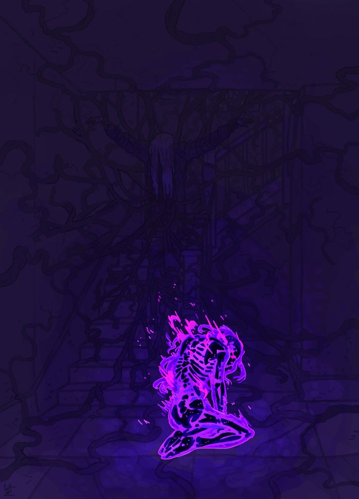 Desenho digital de uma criatura de energia ajoelhada logo na frente de uma escada, em um ambiente tomado por vinhas q se concentram em um cadáver pendurado na escada