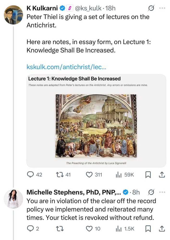 a screenshot from Twitter, were some AI profile picture user divulges Peter Thiel's lessons about "saving the world from the Antichrist" and a tech-sis CEO from a company that has AI look at your medical records to decide for you "clinical actions" hounds him about the NDA he signed.