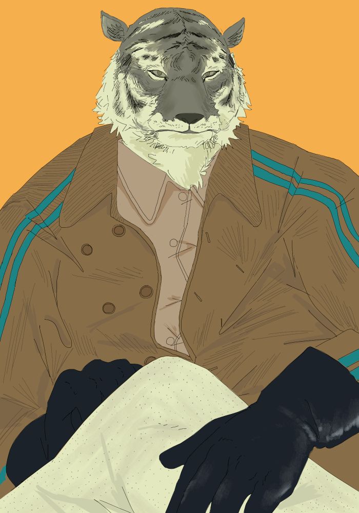 digital illustration of an anthropomorphic gray tiger wearing a brown coat/jacket with blue line design running down the shoulders/sleeves. He's wearing white pants, sitting cross legged, he's holding on to the leg/knee with black leather gloves. The background is orange.