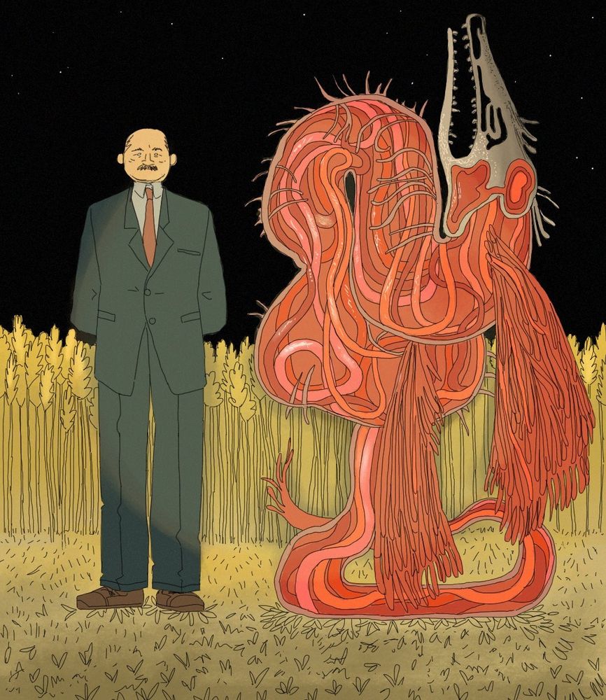Illustration of a man wearing an older style of blue suit with brown shoes and a red tie. He's got a mustache and is heavily balding. Next to him is a "dragon" made up of red guts/tubes/vines/goop. It's got a large exposed skull, it resembles a dragon fish somewhat. It looks dead but is alive. The background is a yellow field of wheat. Behind that is a pitch black sky with some small stars visible. There's a round light that seems to come from a flashlight in the center of the screen, illuminating the scene.