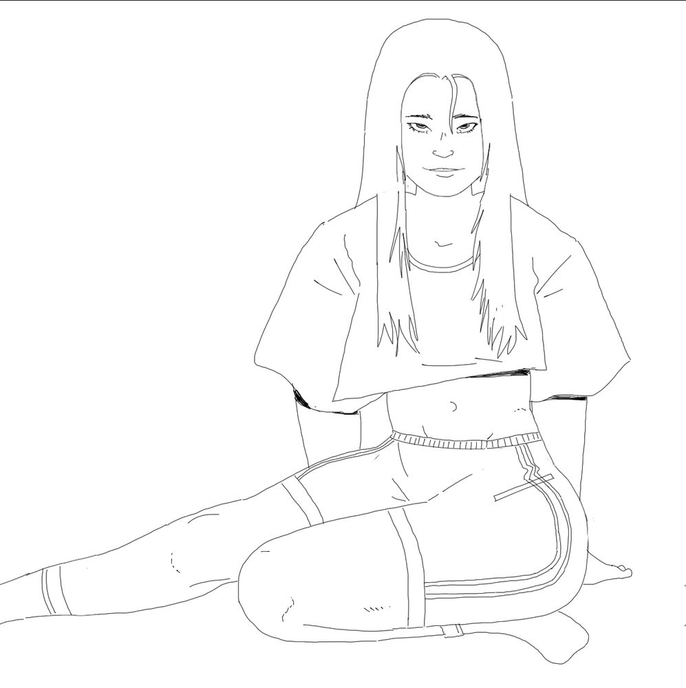 Little drawing/sketch of a girl in a big cropped tshirt and shorts in some kind of funny pose on the ground, looking at the viewer through parted long hair.