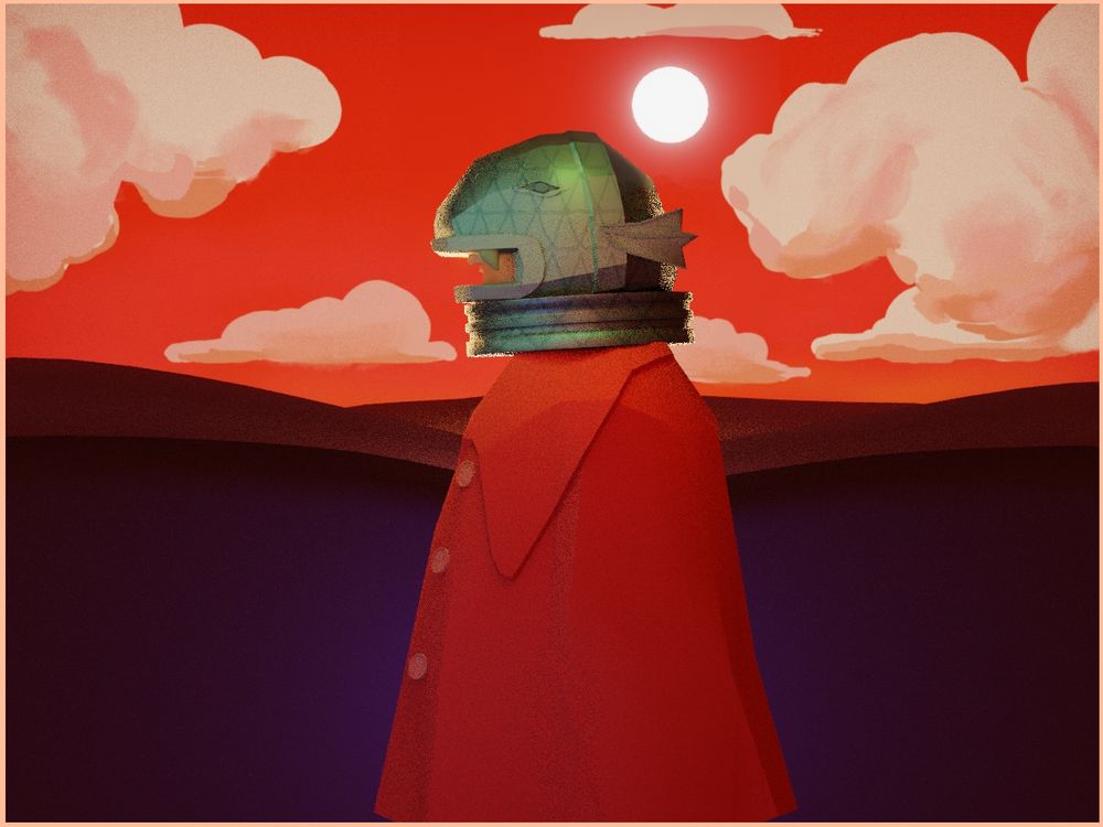 3D Blender image/illustration of a person wearing a red cape/coat and a big greenish helmet in the shape of a fish head. The background is made up of stylized rolling purple hills, and a red sky with some fluffy clouds, and a small bright white sun