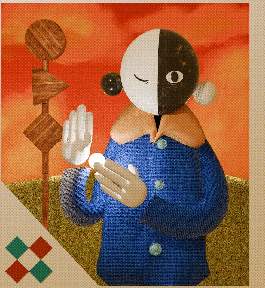 A 3D Blender illustration/render of a strange person wearing a blue coat. Their head is a simple sphere with one half in black marble and the other white, one eye open. They hold their hands out in a pose and there's a small glowing orb floating in between them. The background is a simple grassy hill in front of an orange cloudy gradient sky. There's a long wooden pole with some simple shapes attached to it. The image has a white angular frame around it. 