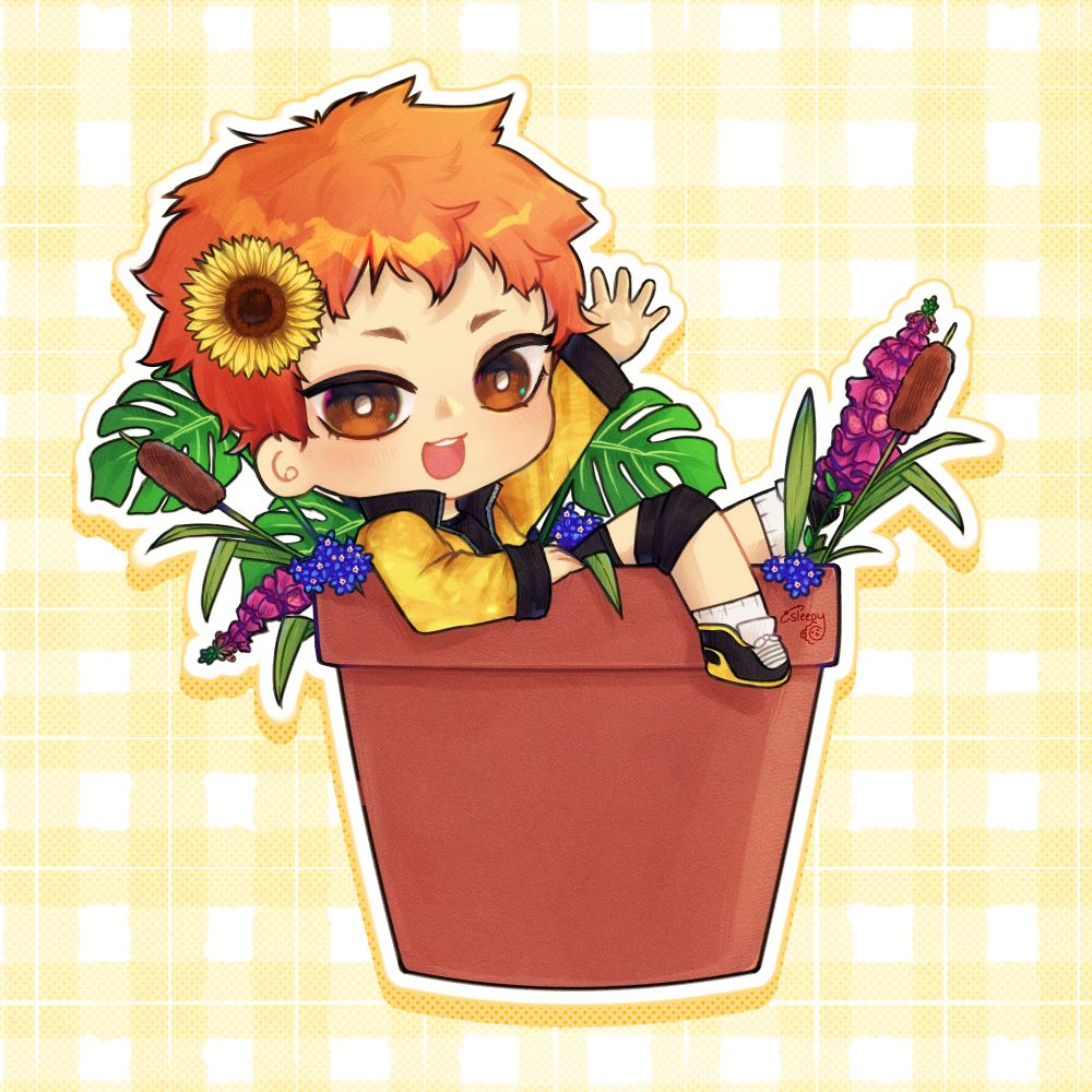 art of chibi hinata shoyo wearing his MSBY jacket while lounging in a terracotta planner. he has a sunflower in his hair and various plants with him. the background is pastel yellow gingham.