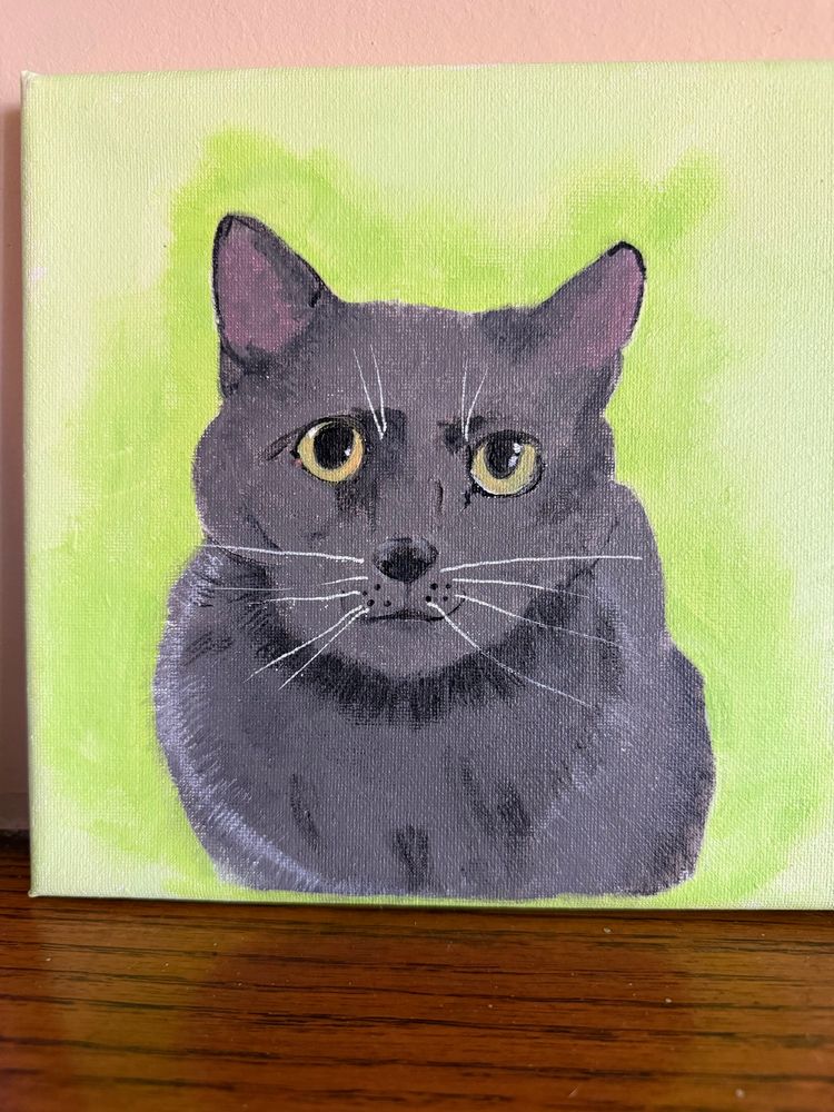 Acrylic portrait of a cute and fluffy grey cat. He has green eyes. He stares straight ahead. He has white whiskers. Background is chartreuse. 