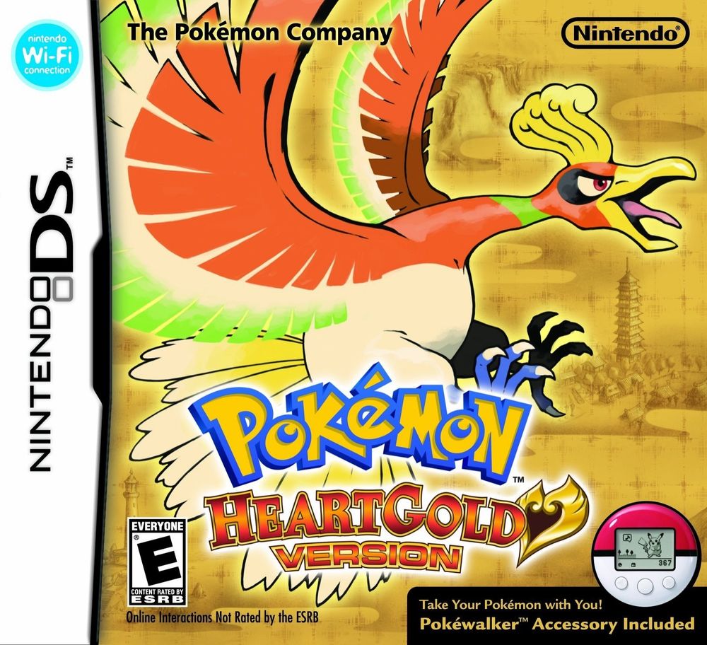 The cover art for the game Pokemon HeartGold, it shows Ho-Oh, a big majestic bird that is orange, white with some green and yellow details at the end of its feathers and blue talons, looking to the right in a combative pose