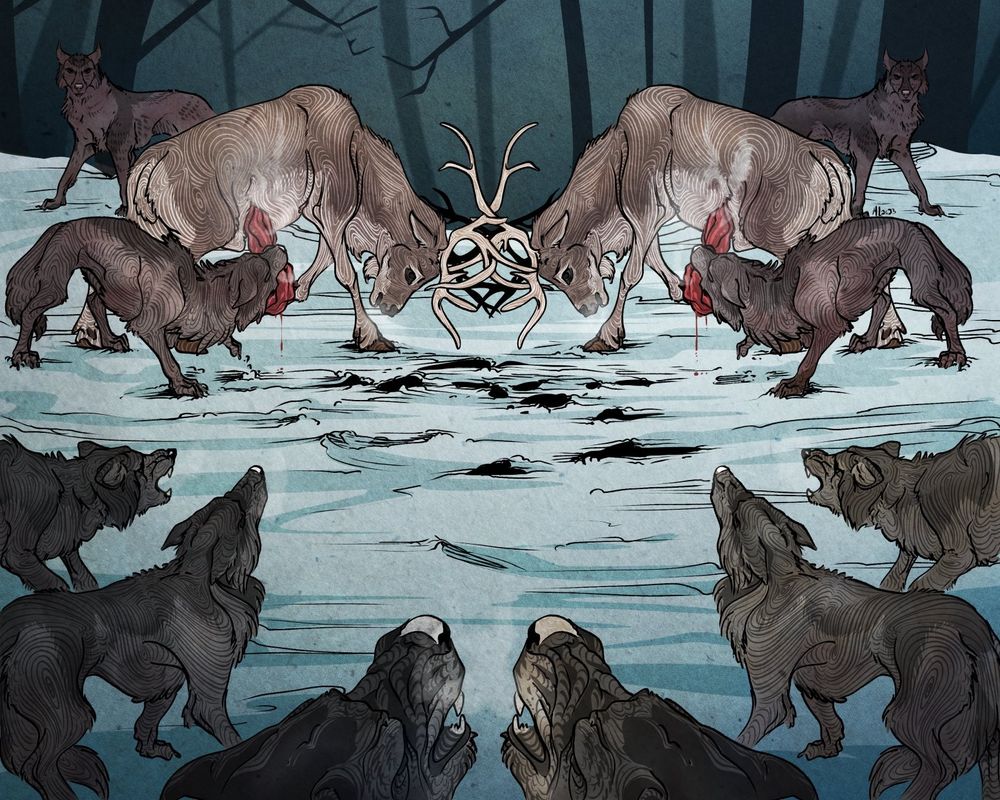 A pack of wolves surrounding and eviscerating two fighting bull elks. The elks are so caught up in their battle that they don't notice what's happening. The scene is in a forest at night with packed snow.
