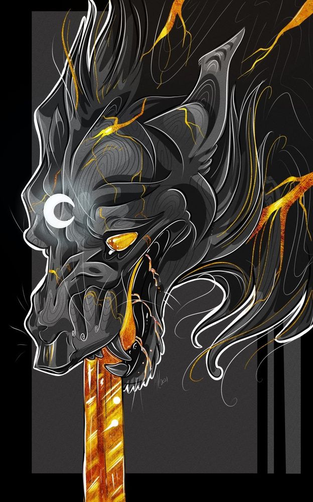 Generic canine with a crescent moon on its forehead. It has golden cracks on it and gold is pouring from its mouth.