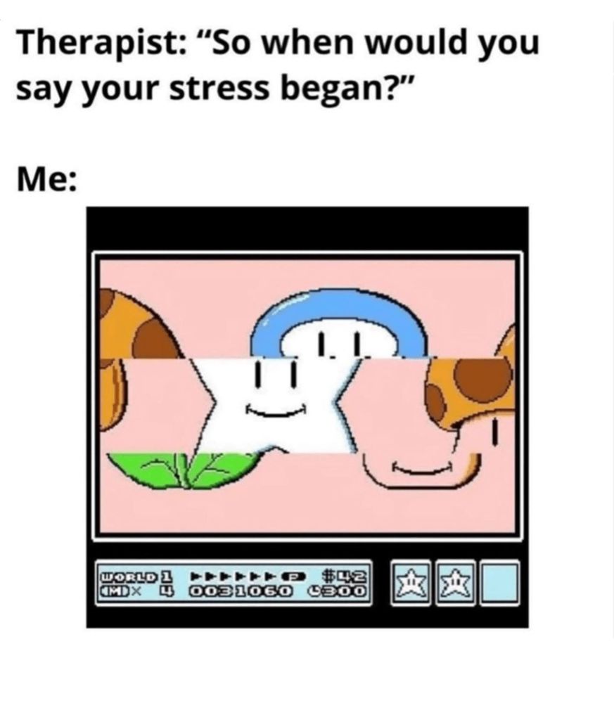 Image of NES Mario 3's bonus screen where you try to match symbols for bonuses. The top reads "Therapist: "So when would you say your stress began?" Me:"
