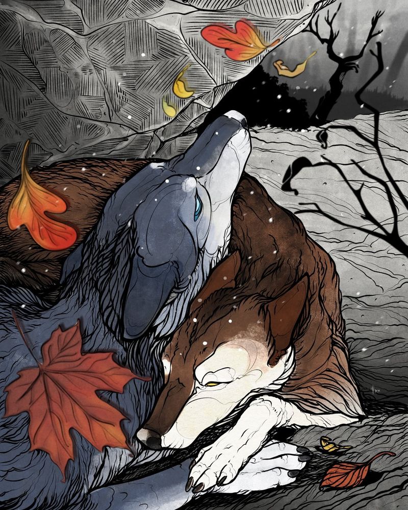 A blue and white wolf cuddling with a brown and cream wolf. They are at the mouth of a cave. There are fall leaves and snowflakes floating around them. The background is dead trees.