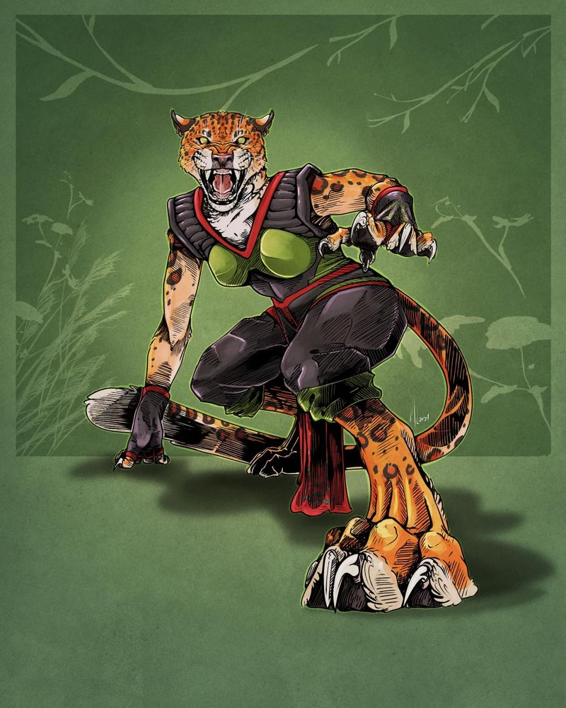 An anthropomorphic jaguar snarling at the viewer. She is crouched, wearing light armor.