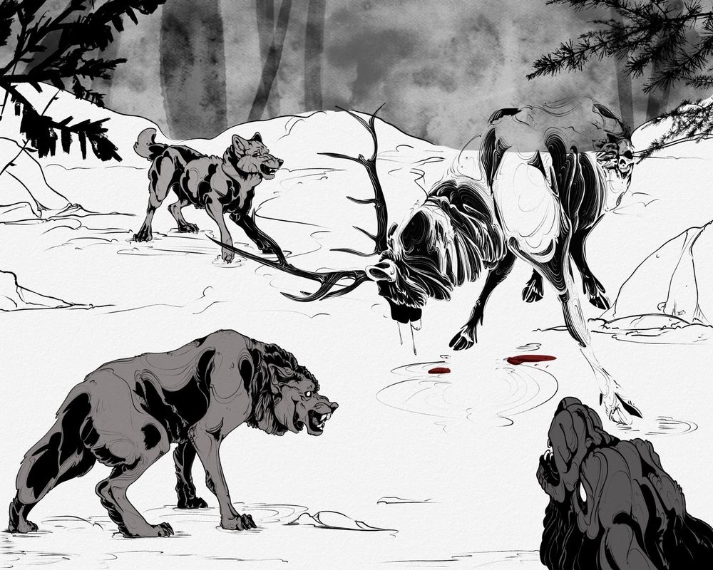 Three wolves cornering a ghostly elk, with a creepy face coming out of its flank.