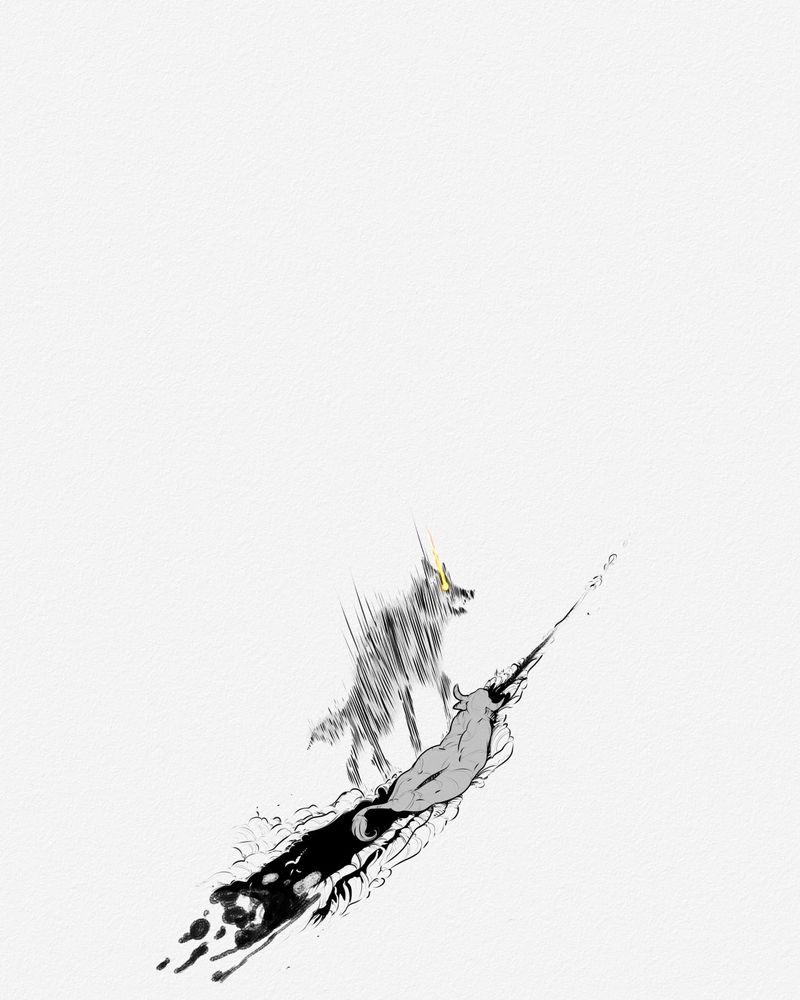A single bison in the snow, with its shadow being a wolf's. Illustration on the thousands of years of linked existance between bisons and wolves, a never ending hunt.