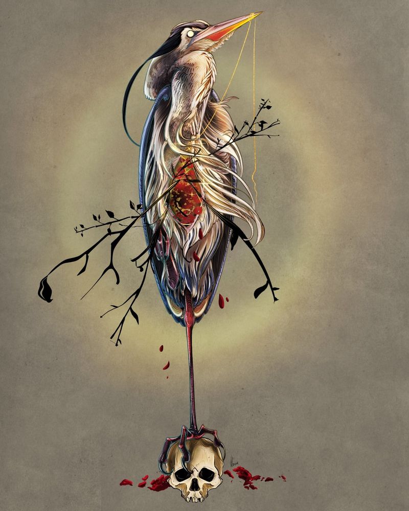 A great blue heron perched on a human skull. It has a wound on its chest with vegetation growing out of it. It is attempting to close it with a golden thread.