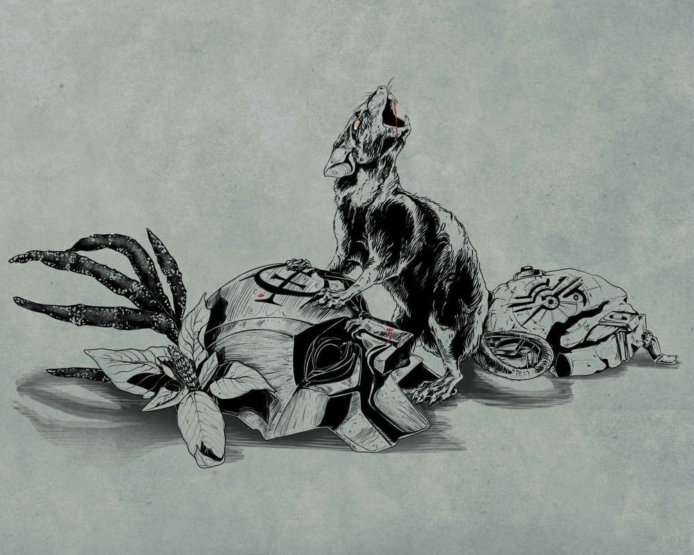 A plague rat with its mouth open, sitting up against an overseer's mask. A rune sits to the right, and amaranth flower and leaves to the left. Dishonored fanart.