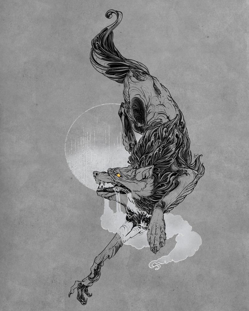 A monstrous coyote drinking a silver full moon. Its right paw has a humanoid hand.