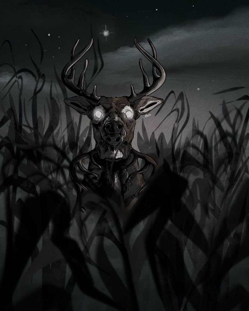 A monstrous white tailed buck standing in a cornfield. The bottom half of its head is another head's top half, upside down. The upside down head's antlers are impaled in the deer's neck. It's eyes are glowing white, and the setting is nighttime.