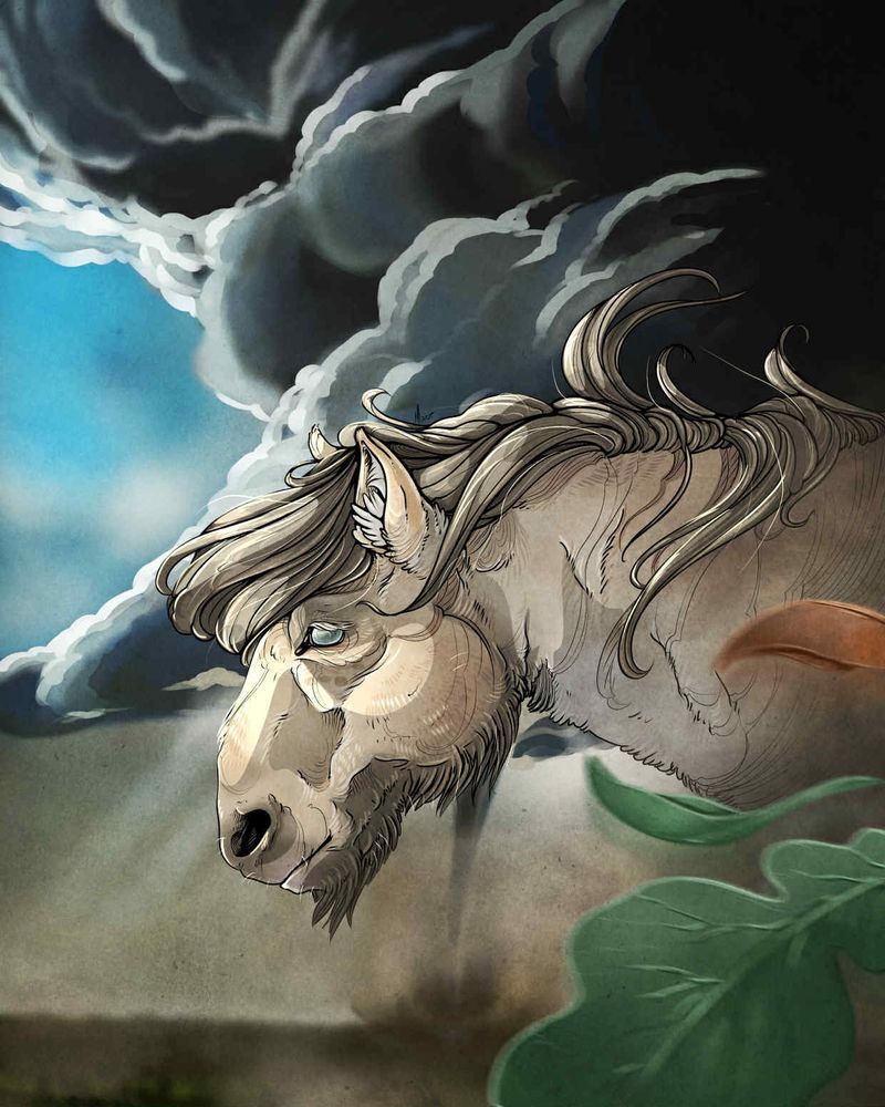 A cream/grey coloured moorland wild horse standing calmly in front of a dark storm cloud and tornado. Leaves fly in the foreground. The horse has a blank blue eye.