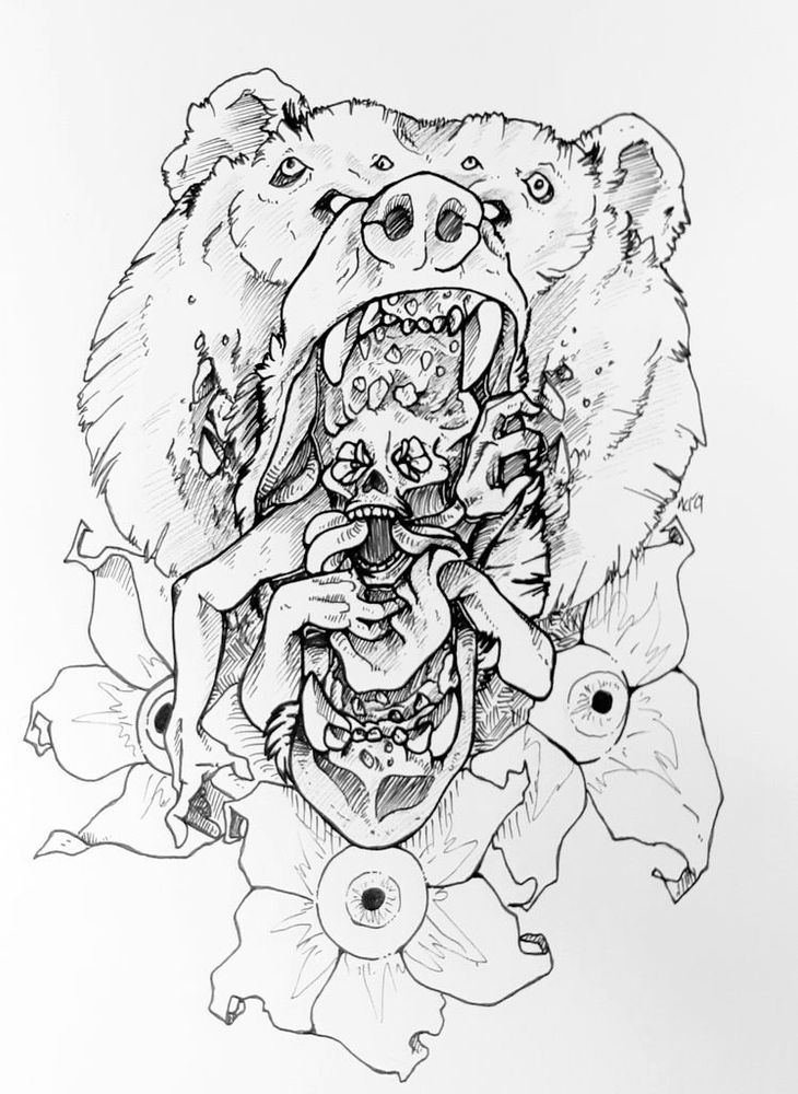 A creepy multi-armed human consuming/becoming the tongue of a monstrous, multi-eyed bear. Like a weird tongue eating louse. There are three flowers with eyeballs on the bottom.