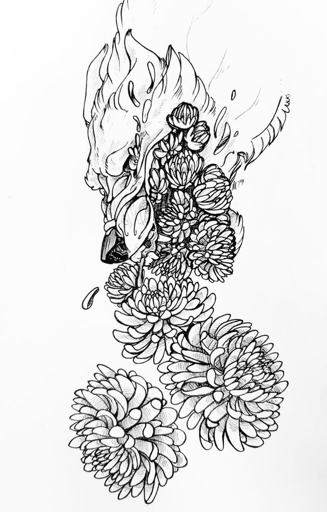 A wolf with its head down, chrysanthemums pouring from its mouth and eyes.