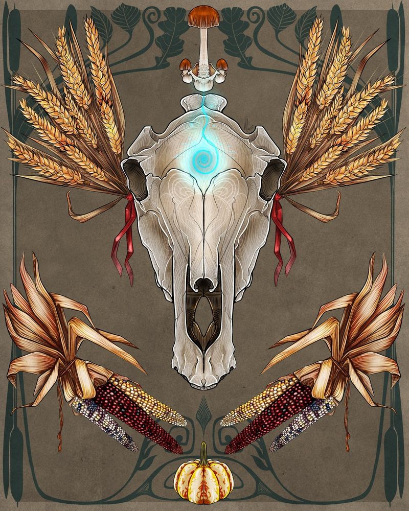 A horse skull surrounded by dried wheat sheaf, dried corn and a small pumpkin. Three Amanita fulva are at the top. There are dark green vegetation designs bordering the image. The horse skull has a glowing blue spiral on its forehead.