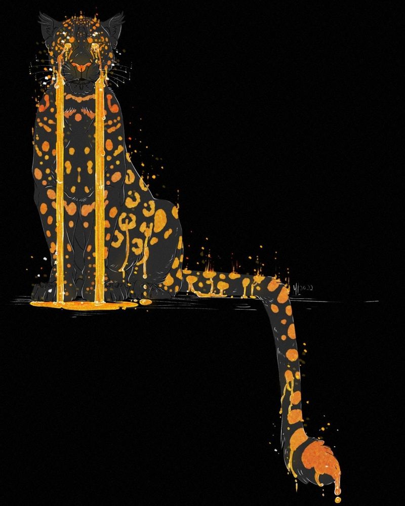 A melanistic jaguar with spots of gold. His eyes are gold and pouring ichor.