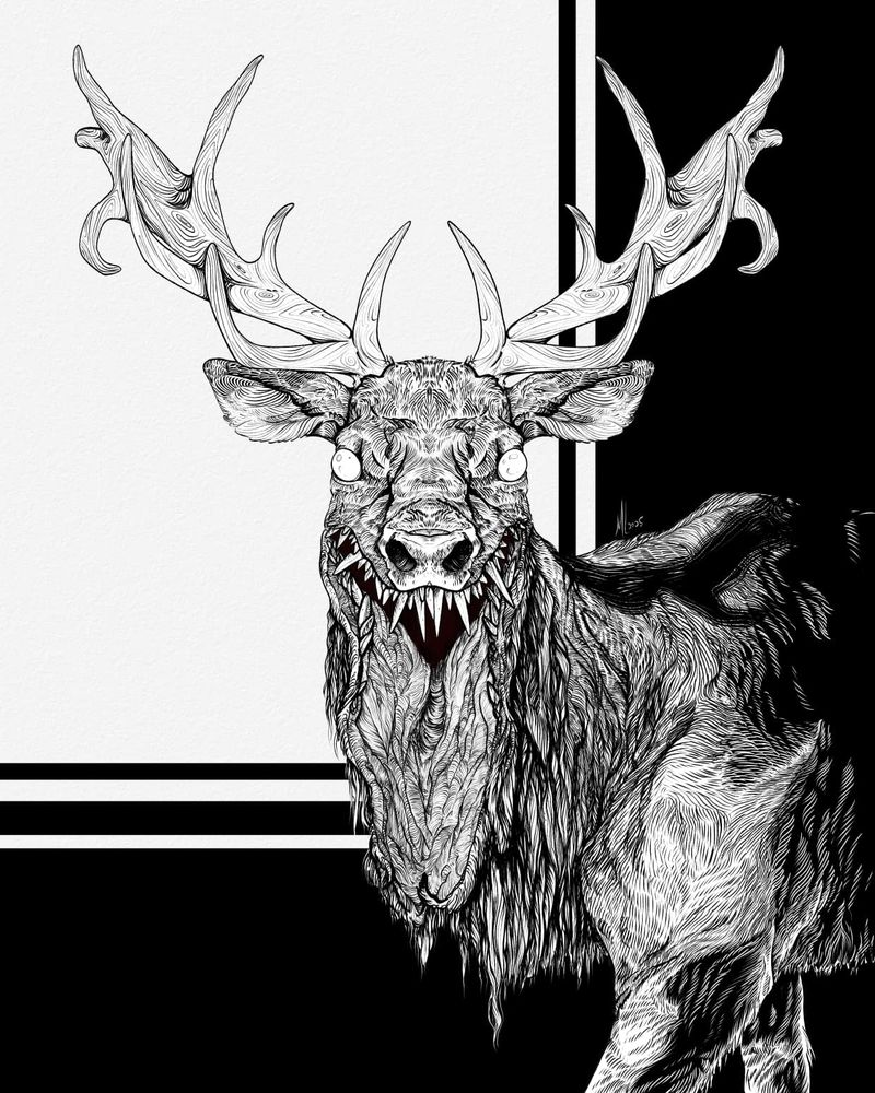 Ink illustration of Frank from Go home Annie.

He is a monstrous elk with its bottom jaw missing. Instead, a grossly oversized flap of skin an fur dangles, with numerous pointy teeth.