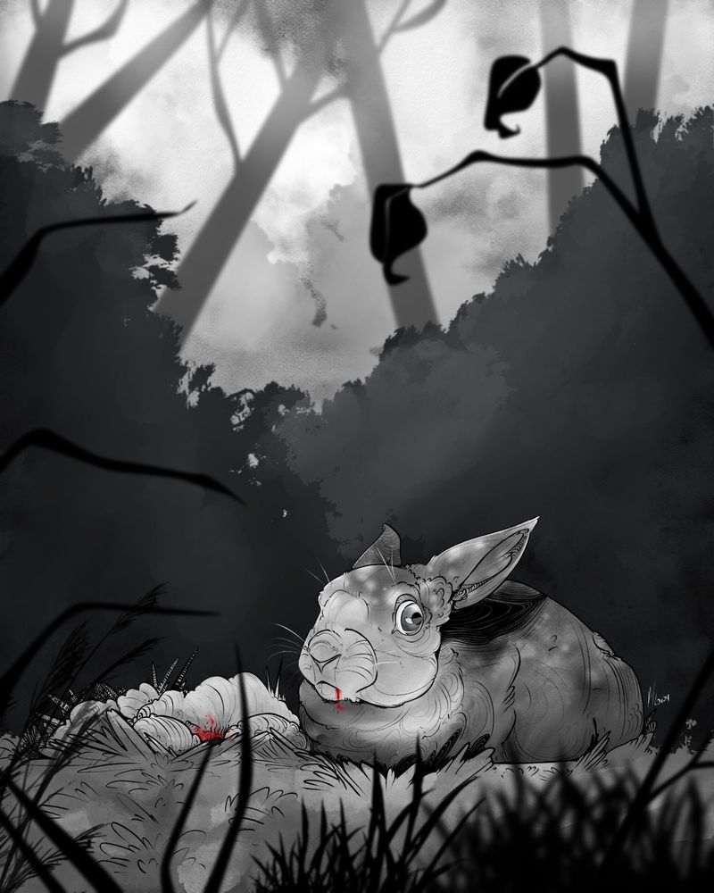 A scared looking rabbit hunching down in the grass next to a nest. There are bushes, trees and various vegetation around. There are drops of blood in the nest, and on the rabbit's chin. 

A reflection on how motherhood is often romanticized and portrayed as an amazing and miraculous event that is always positive. 

However, it can be a stressful, difficult and traumatic experience (or concept) for some, including animals. This is rarely acknowledged, and those who do not see it as positive are often seen as bad, or broken.