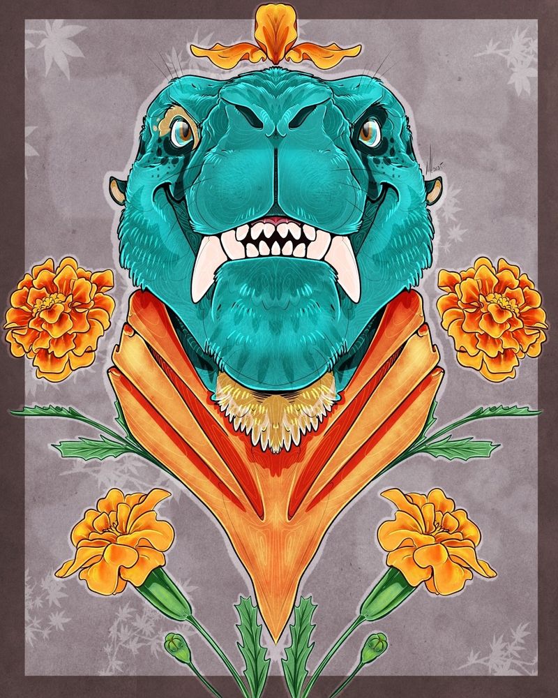 Grinning gorgonopsid with flowers around them.