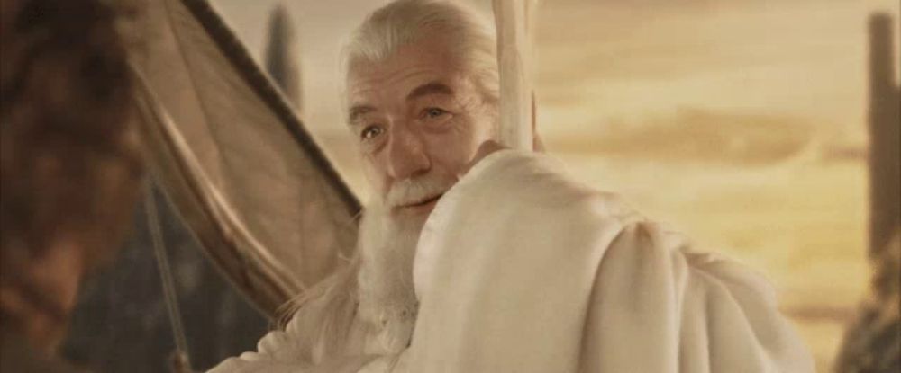 a man with a long white beard is holding a sword and looking at the camera .