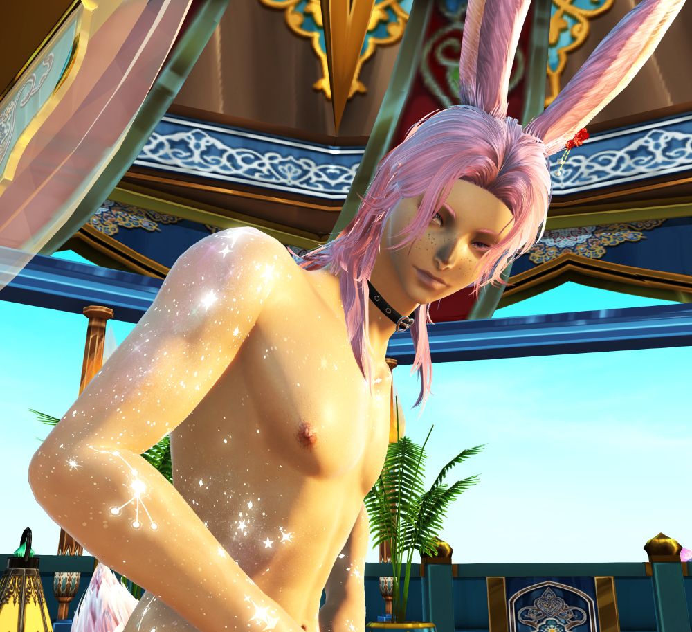 The picture depicts two male viera in the early morning. One still sleeps huddled in pillows, fully nude with a large decorative tattoo on his leg and shoulder. The other is in the process of standing up and getting dressed, buttoning a pair of black slacks. He also has a black leather collar around his neck.