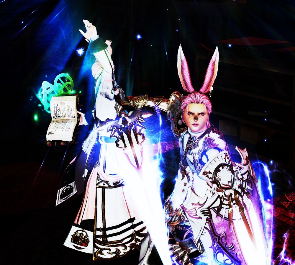 Two male viera face off against two large sword-wielding demons. One wields a book and appears to be casting a spell, while the other wields a sword and shield in a defensive posture. A purple and yellow faerie floats above the two viera, casting some sort of healing spell.