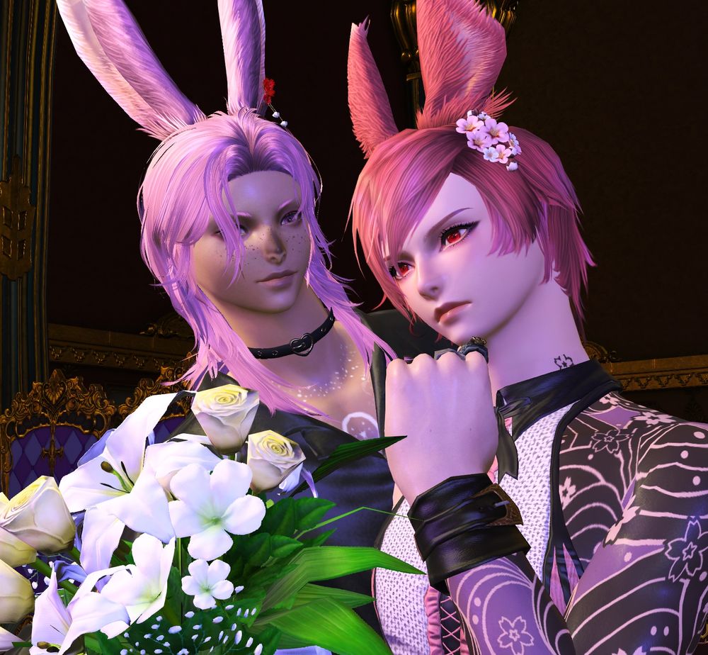 Two male Viera stand together in a nightclub.  One, with red hair, contemplates the nightclub and its ambiance, while the other, with pink hair, leans forward from behind and presents the first with a bouquet of white lilies. 