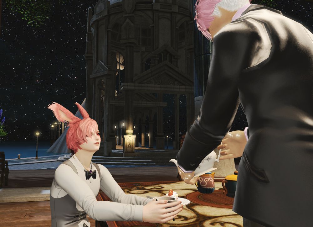 Two male Viera enjoy tea together. The pink-haired one is standing and tipping a teapot toward the red-haired one's teacup. The red-haired one is standing and cupping his teacup, with an expression on his face of amusement and adoration. The pink-haired one wears a formal suit, while the red-haired one wears a dress shirt and vest.