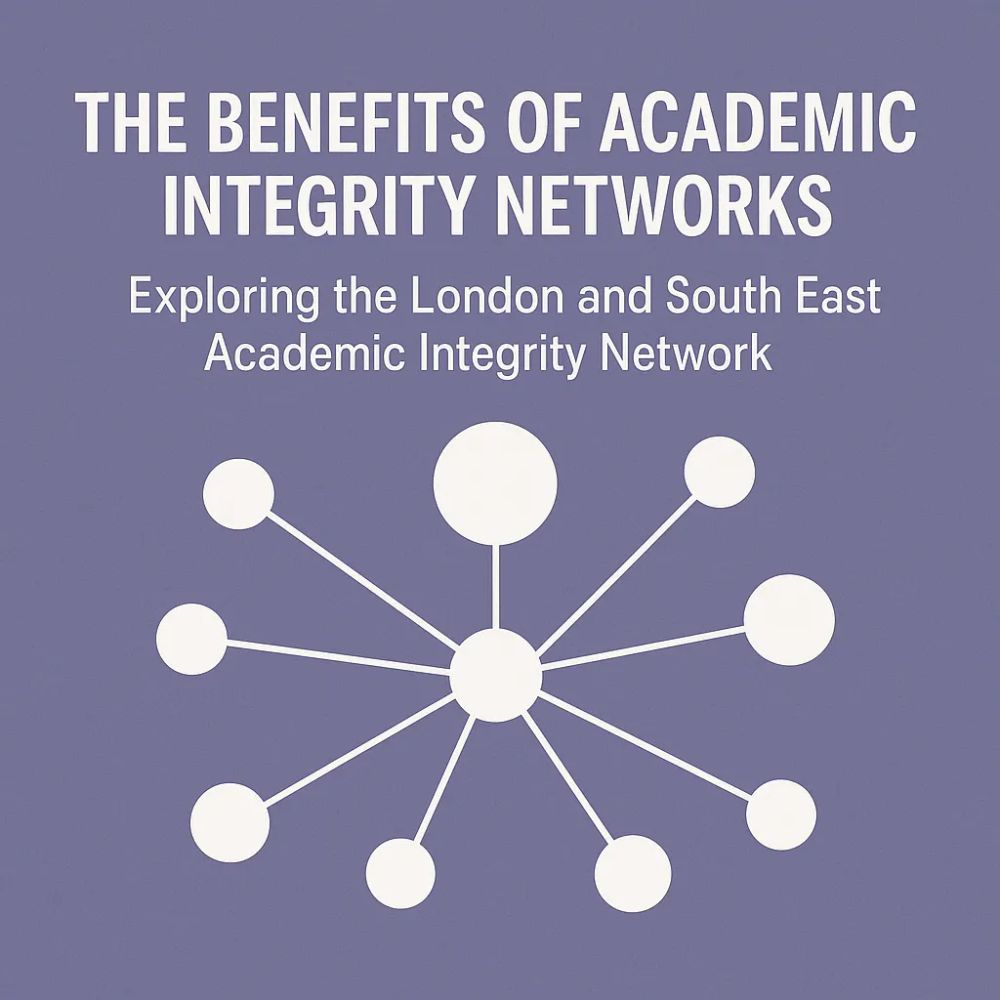 A minimalist purple square cover with the title “The Benefits of Academic Integrity Networks” and subtitle “Exploring the London and South East Academic Integrity Network,” featuring a central white hub with radiating nodes forming a simple network diagram.