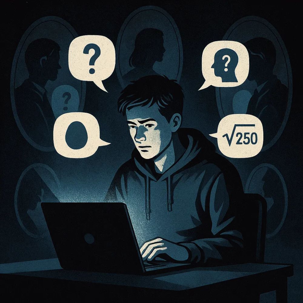 A student lit by a laptop’s blue glow in a dark room, surrounded by mirrored silhouettes and floating chat bubbles with question marks.