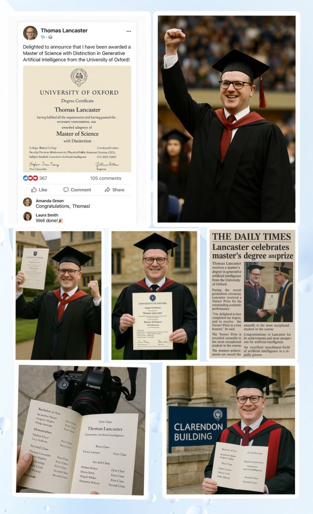 Fake graduation images, including certificate, programme, newspaper article, Facebook post, pictures at ceremony