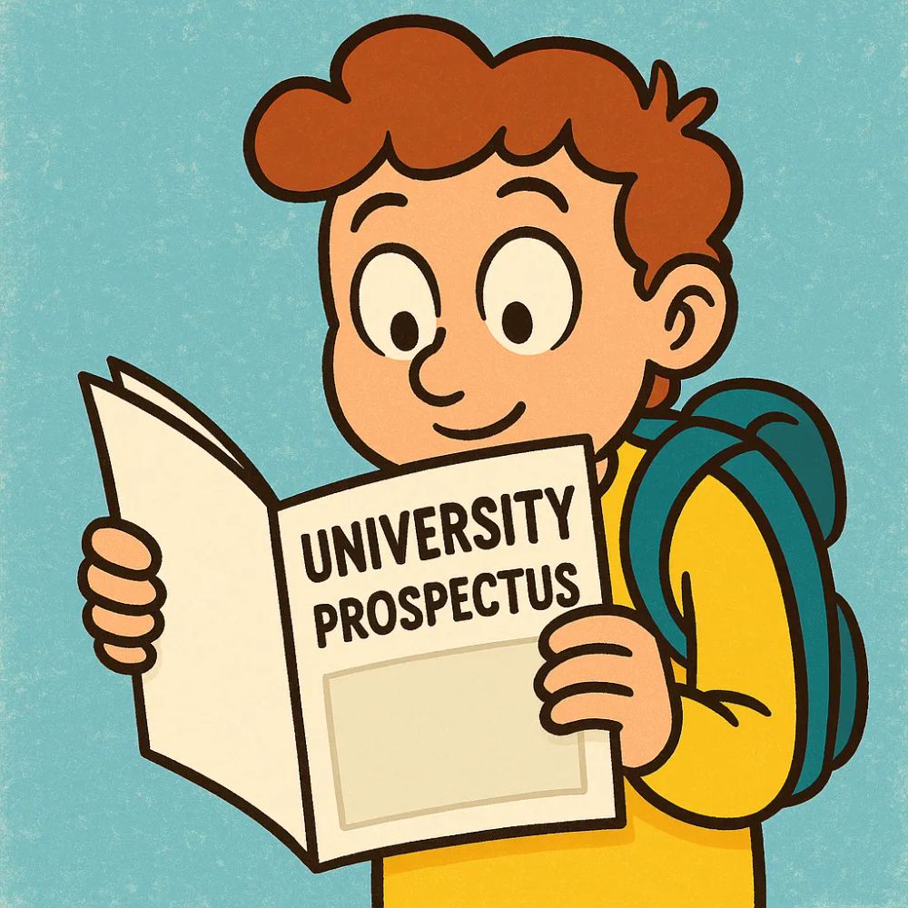 Cartoon image of a cheerful prospective student with a backpack reading a blank university prospectus that says “UNIVERSITY PROSPECTUS” on the front cover.