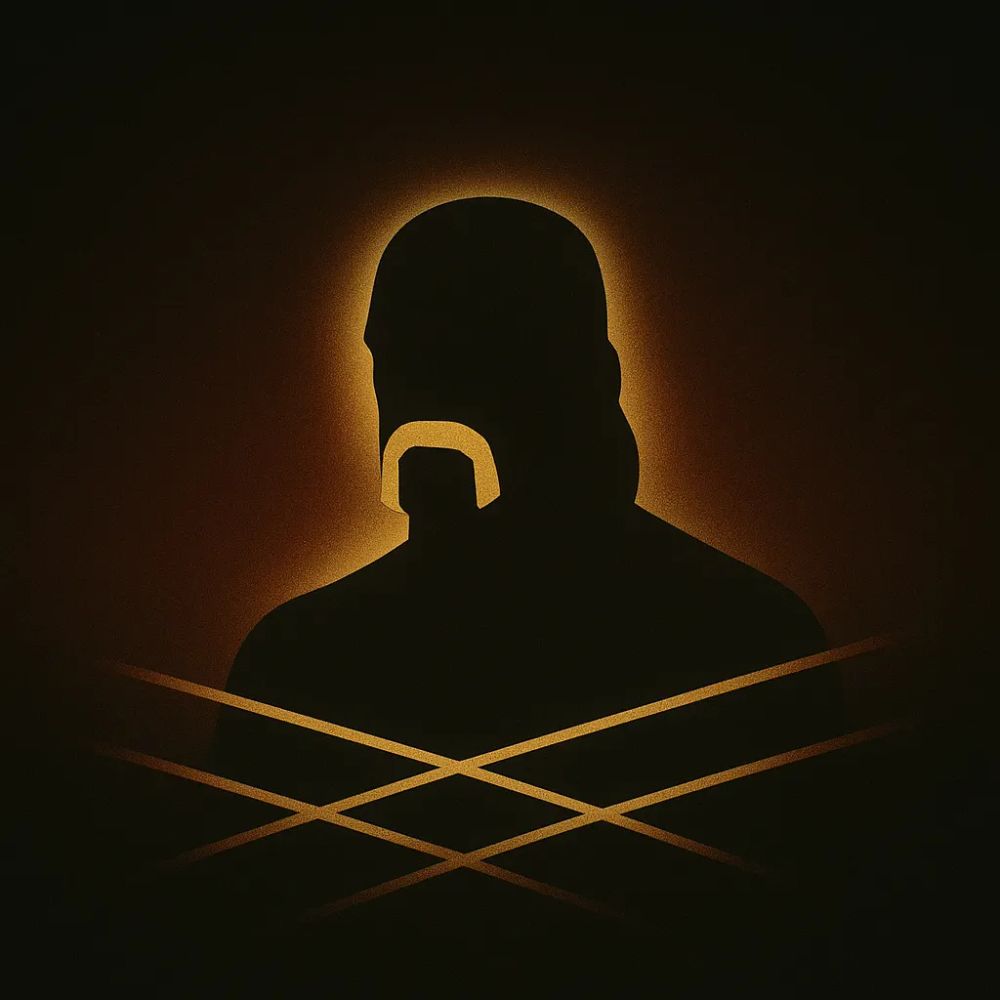 Darkened figure outlined by a soft amber glow, simple shapes suggesting Hogan’s bandana and mustache, with faint intersecting ropes at the bottom.