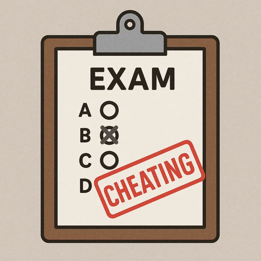 A 2D digital illustration of a multiple-choice exam paper on a clipboard, with one answer marked and a large red “CHEATING” stamp diagonally across the bottom. The image uses neutral tones and avoids depicting people or text beyond labels.
