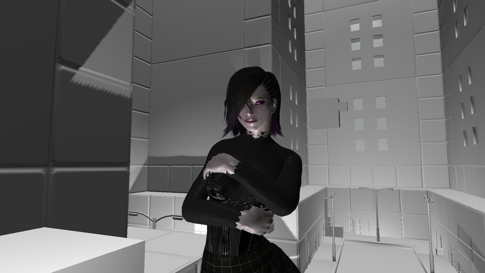 Deri standing in a digital world with her arms folded

Art made by me using Skyrim and mods, several of which I made myself