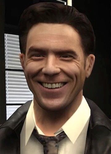 Max Payne from Max Payne 2 (a middle-ish aged white man with brown hair) smiling with a fake FaceApp smile.