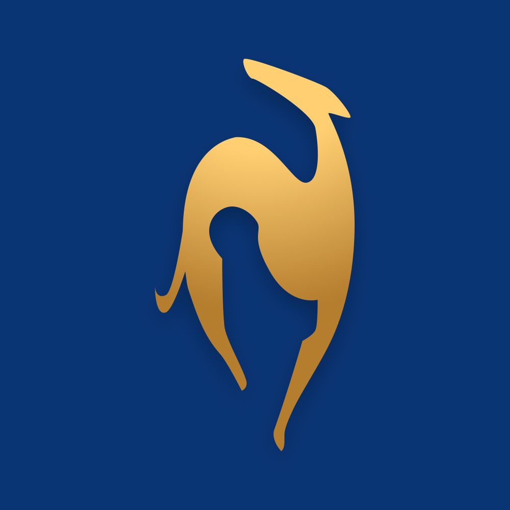 A minimalist logo of Borzoi Cast - a golden silhouette of a greyhound dog in a fluid pose on top of a navy blue background 