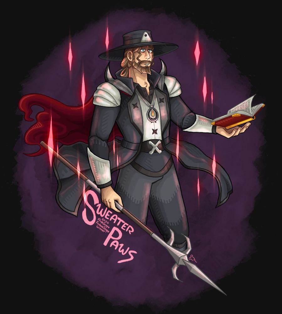 A digital drawing of a man from the knees up posing in a confident fashion. He is wearing a black, large brimmed hat, has a light complexion and has light brown hair tied in a messy, low ponytail. He is wearing a long black coat with a white vest and black undershirt. His pants are also black and have a sash around the waist. His outfit is adorn with white armoured cuffs and pauldrons and around his shoulders is a flowing grey cape with a deep red lining. In his hands are a spiky spear and a red book that is open. Around him, red lights are sparkling. The text at the bottom reads: Sweater Paws 2025 PrideScape FashionScape Winner.