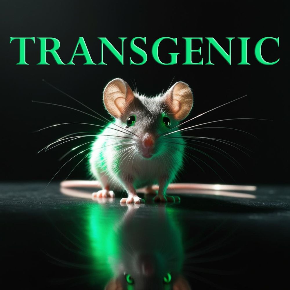 A mouse glows in the dark under the work 'transgenic'