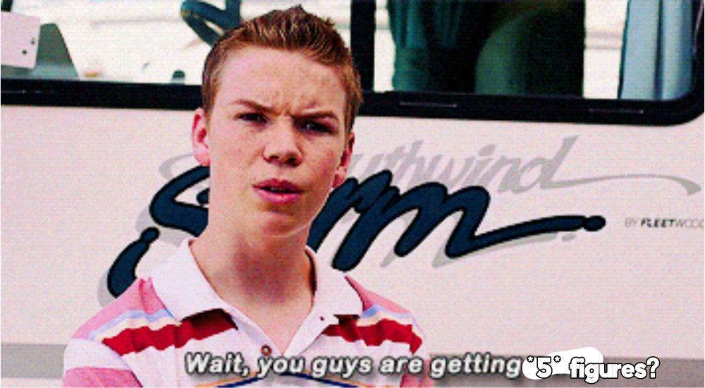 Meme of "wait you guys are getting paid" but with "paid" crossed out and replaced with "*5* figures" 