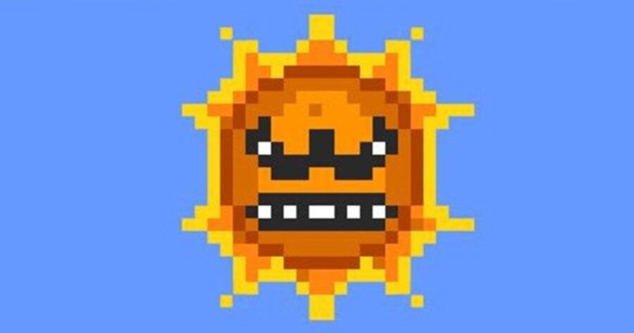 The image depicts a sun with an angry face: furrowed brow and clenched teeth, against a blue background representing the sky. The enemy in the game would fly down from the sky and continually attack Mario as the player progressed through the level.