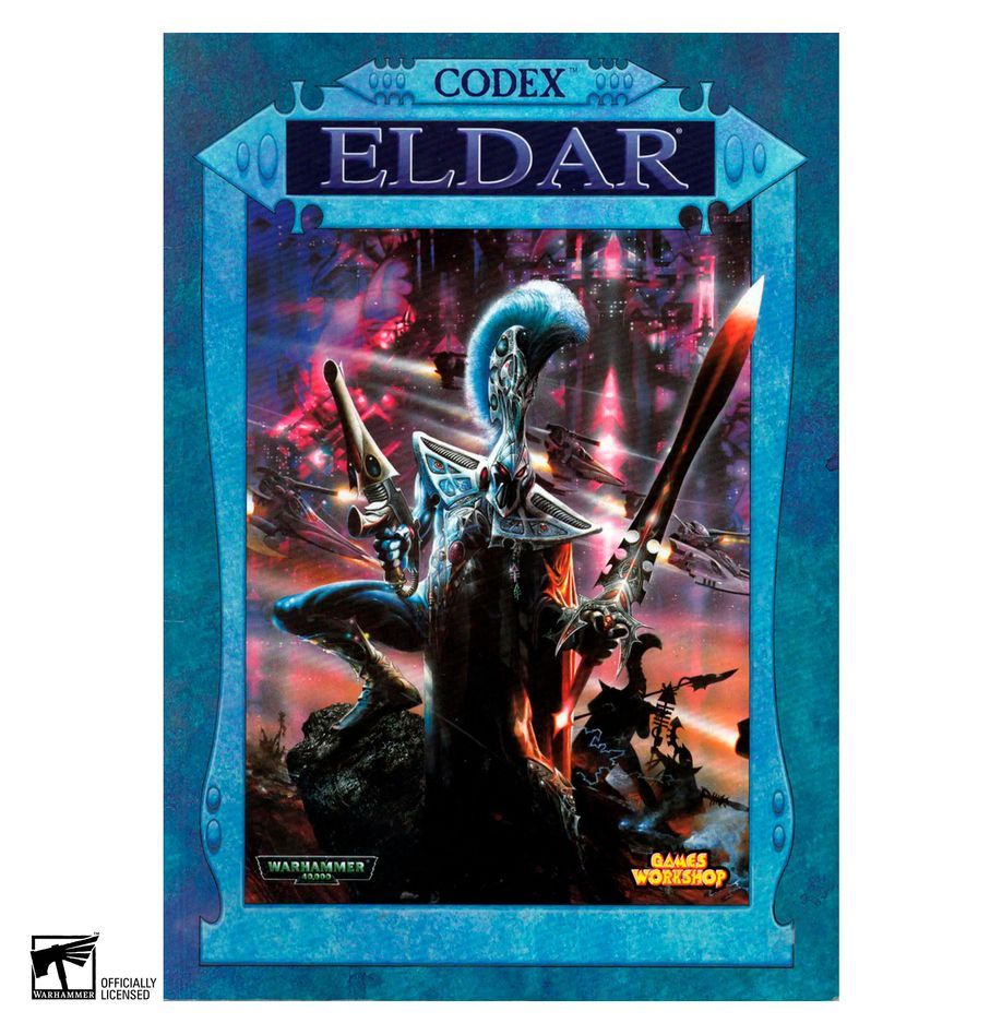 An image depicting the cover of a third edition Codex Eldar for warhammer 40k. The cover art depicts an armoured individual with a crested helmet, holding a sword and pistol. In the background flying vehicles zoom in front of alien architecture. There are other warriors silhouetted in the background. 